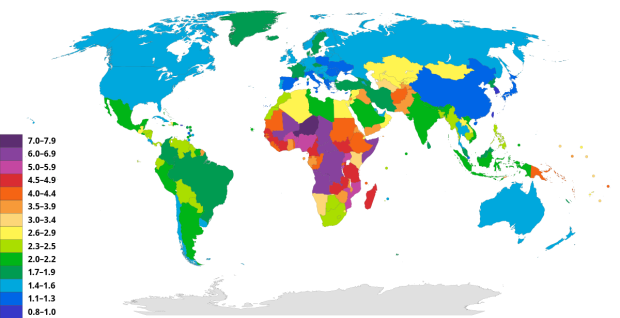 Стопе фертилитета 2020. године (извор: Population Reference Bureau)